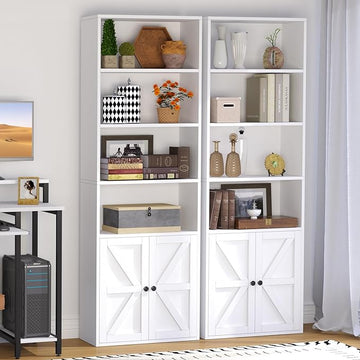 oneinmil 6 Tier Bookcase Set of 2,Wooden Bookshelves with Cabinet Doors, Floor Bookshelf and Office Storage Cabinets for Home Office, Living Room,White