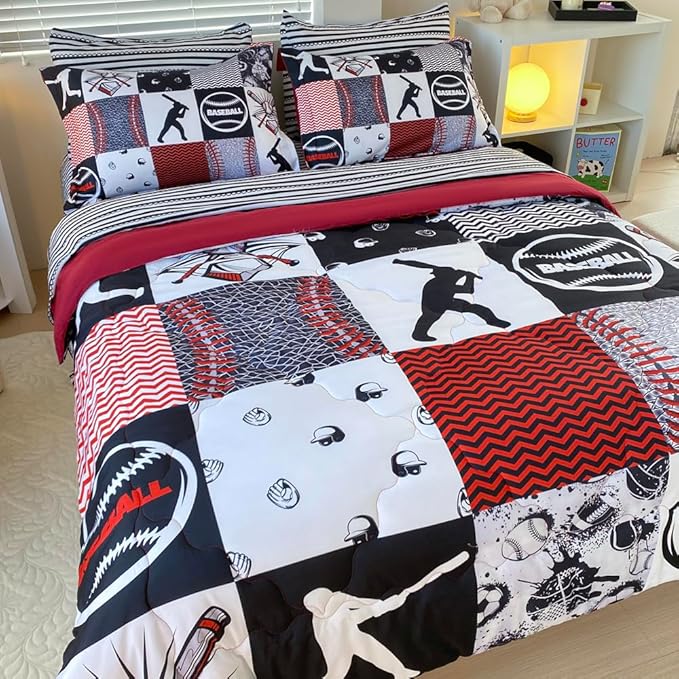 7 Piece Baseball Comforter Set Bed in A Bag Queen Size 3D Softball Sports Bedding Set for Boys Kids Microfiber Comforter All Season (1 Comforter, 1 Flat Sheet, 1 Fitted Sheet, 4 Pillowcase)