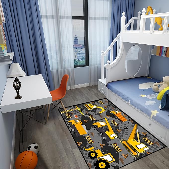Construction Rugs for Boys Room Play Rug for Cars and Trucks Car Rug Play Mat Kids Rugs for Playroom Car Rug for Boys Room Construction Decor for Boys Room,Grey 5'×7'