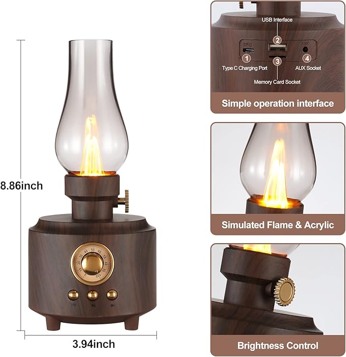 Vintage Table Lamp Retro Bluetooth Speaker Rechargeable Portable Night Light Flameless LED Oil Lamp Bedside Desk Lamp for Bedroom, Cafe, Bar, Desk Decor, Outdoor Camping Birthday Gift