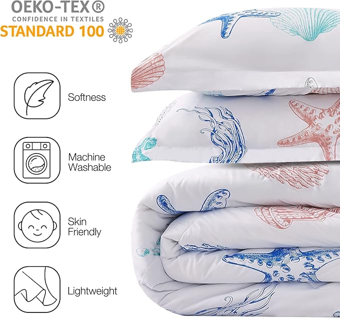 JSD Beach Theme 2 Piece Twin Kids Comforter Set, Jellyfish Starfish Shell Printed Comforter with Pillow Sham, Soft Comfortable Machine Washable