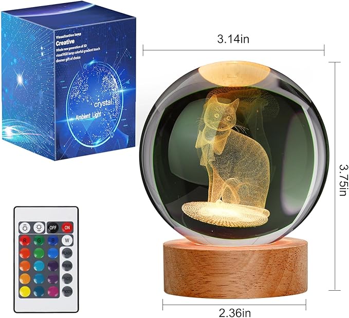 Cat Gifts for Cat Lovers for Women, Large 3D Cat Night Light, Crystal Cat Figurines Lamp 16 Color Changing with Remote Control for Bedroom Decor, Cat Gifts for Cat Lovers