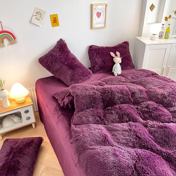 Faux Fur Kids Girls Grape Purple Comforter Sets King - 3PC Bed Set Warm Comfortable Soft Plush Flannel Velvet Fluffy Fuzzy Bedding（Comforter x 1 Pillowcases x 2）