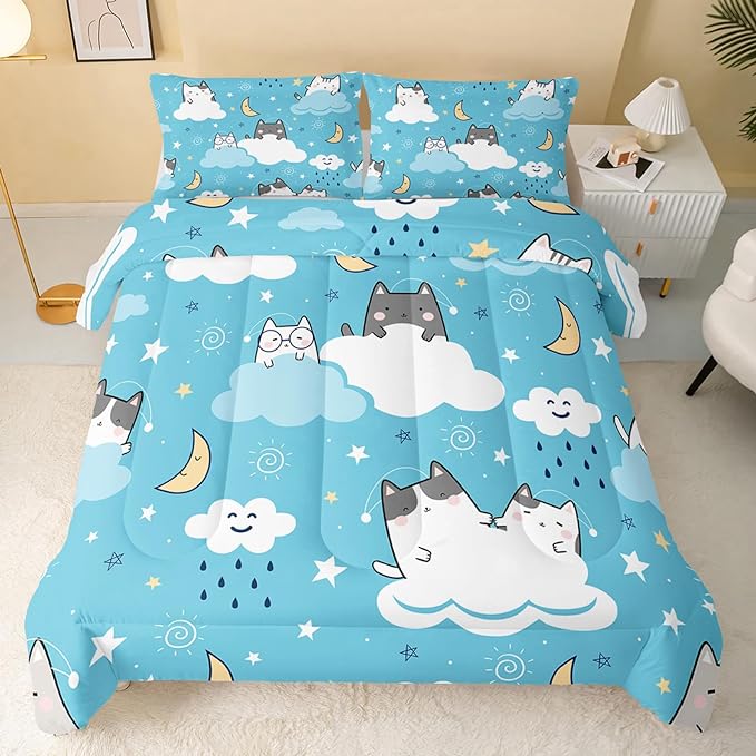 Cat Comforter Queen Size,Blue Cloud Cats Comforter Set for Kids Teens Girls Boys,3Pcs Bedding Set Printed Comforter with 2 Pillowcases,Down Alternative,Soft and Lightweight，Queen Size