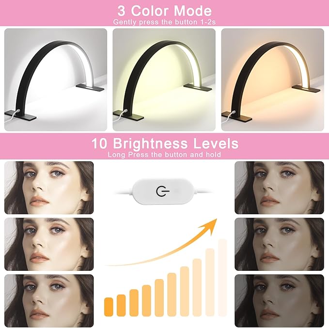 Half Moon Desk Lamp for Nail Techs, Adjustable Brightness Color Mode Arch LED Table Light with 2520 Lumens for Professional Manicure Salon, Tattoo, Eyelash Extensions, Reading- Black