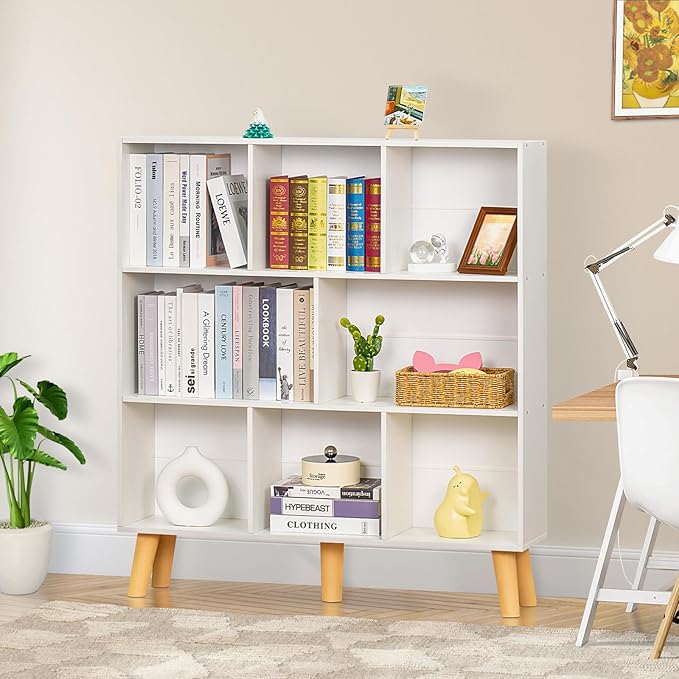 YAHARBO 8 Cube White Bookshelf,3 Tier Book Shelf with Legs,Modern Minimalist Bookcase,Open Book Shelves Storage Organizer,Frees Standing Wooden Display Bookcases for Small Space,Bedroom,Living Room
