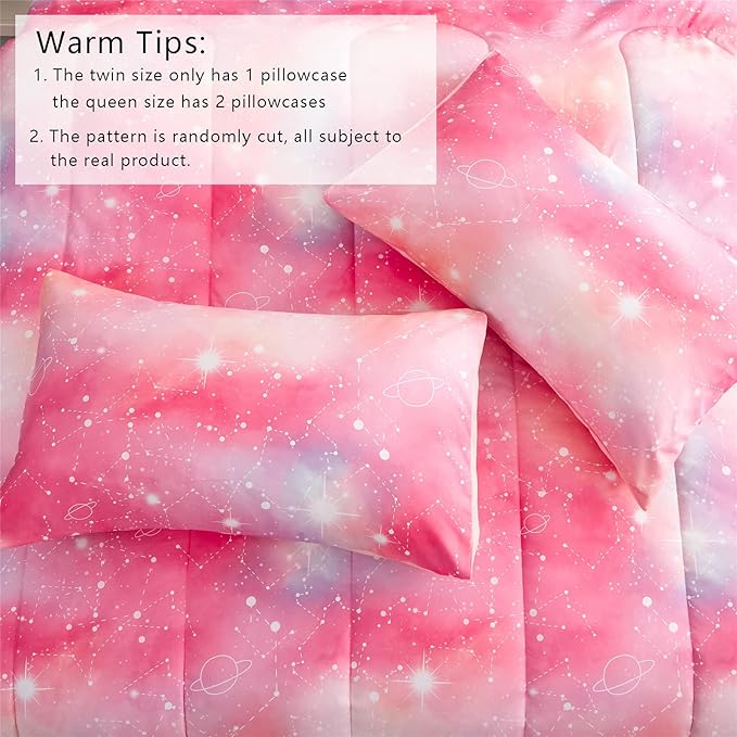 KAKKI Pink Galaxy Queen Comforter Set, 3-Piece, 88"x88"