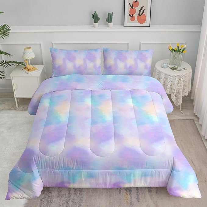 Axolotl Tie Dye Bedding Set Twin,Pink Blue Purple Comforter Set,Boho Psychedelic Bedding Colorful Tie Dye Pastel Comforter Set,Rainbow Bedding Set for Kids Girls Teens Women,1 Quilt 2 Pillowcases