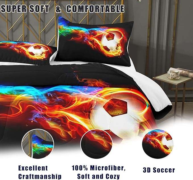 Bodhi Boys Comforter Set Full,Soccer Comforter Set Full Size,Fire Sports Comforter Set for Boys,Teen Football Bedding Set with Matching Pillowcases,Kids Bedding Set Full
