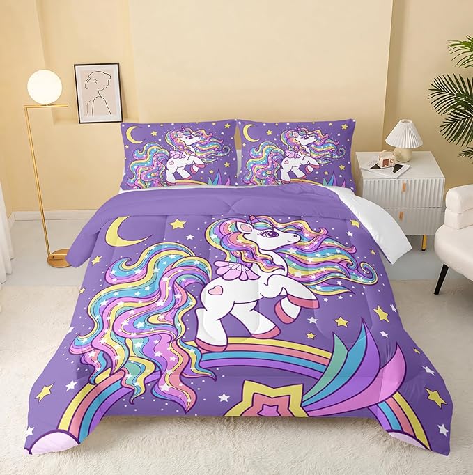 Unicorn Comforter King Size,Rainbow Unicorn Comforter Set for Kids Teens Girls,3Pcs Bedding Set Printed Comforter with 2 Pillowcases,Down Alternative,Soft and Lightweight(Purple，King Size)
