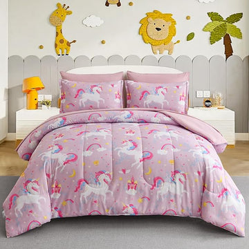 Kids Comforter Twin Bedding Sets for Girls, 6 Pieces Bed in a Bag with Shams, Sheet Set, Pink Unicorn Double Soft Microfiber Kids Comforter Bedding Set