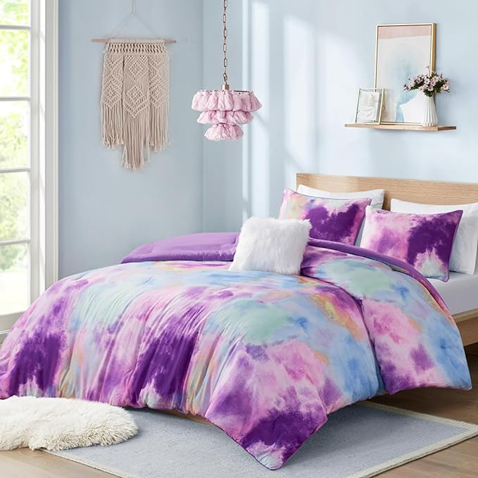 Intelligent Design Twin Comforter Set, Watercolor Twin Bedding Sets, Tie Dye Comforter Set for Teen Girl & Boys, 3 Pieces Cassiopeia Comforter, Sham, Throw Pillow Twin/Twin XL Lavender