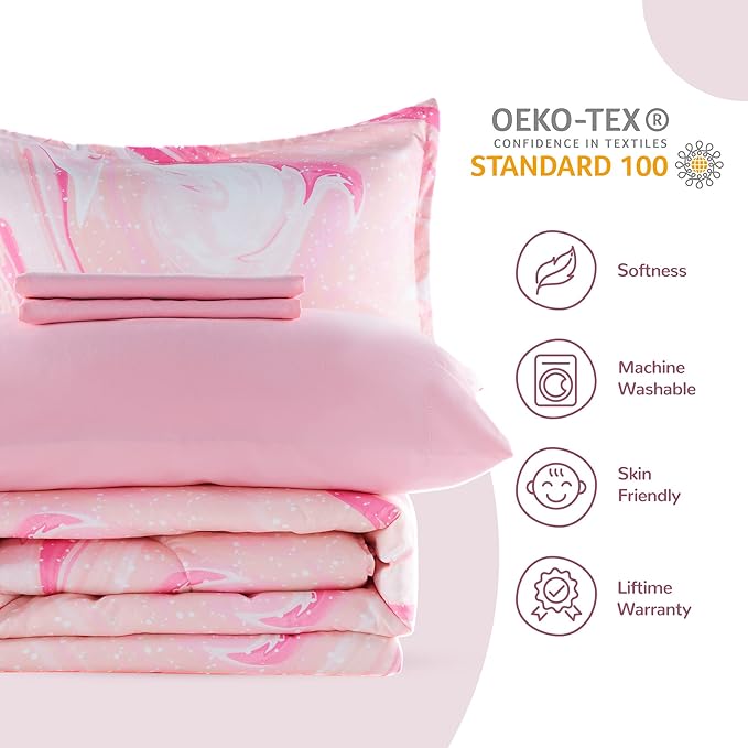 SLEEP ZONE Kids Bedding Comforter Set Full/Queen Size - 7 Pieces Super Cute & Soft Bedding Sets & Collections with Comforter, Sheet, Pillowcase & Sham - Fade Resistant Easy Care (Ice Cream Pink)
