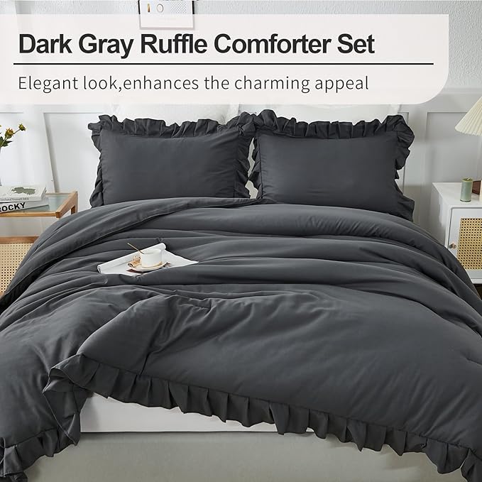 Andency Dark Gray King Comforter Set(104x90Inch), 3 Pieces(1 Ruffle Comforter and 2 Pillowcases) Lightweight and Fluffy Bedding Comforter Set, All Season Soft Microfiber Shabby Chic Bedding Set
