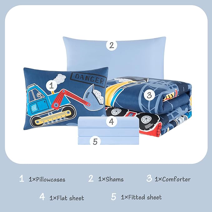 Truck Tractor Excavator Twin Comforter Set with Sheets - 5 Pieces Kids Twin Bedding Sets for Boys, Glow in The Dark Construction Trucks Twin Bed in a Bag for Kids, Teens