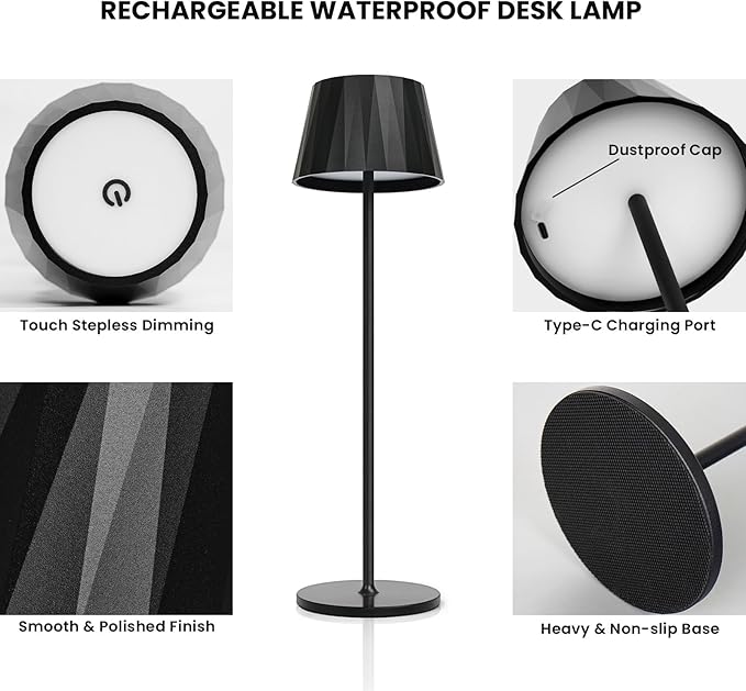 Modern LED Rechargeable Table Lamp,5200mAh Desk Lamp with Stepless Dimming, Touch Switch Cordless Waterproof Night Light for Bedroom Camping Restaurant Bar (Black, 3000K, Warm White)