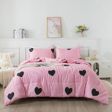 Love Pattern Girls Pink Comforter Set King Size, Blush Pink Cute Love Heart Sexy Comforter Bedding Set for All Seasons, Soft Microfiber 3 Pieces Comforter Set with Pillowcases