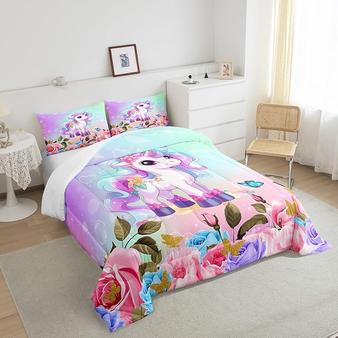 Cartoon Unicorn Kids Comforter Set King Size,Rose Flowers Butterfly Leaves Bedding Set,Girls Women Room Decor,Starry Sky Unicorn Cute Down Comforter,Pink Purple Romantic Duvet Insert,2 Pillowcases