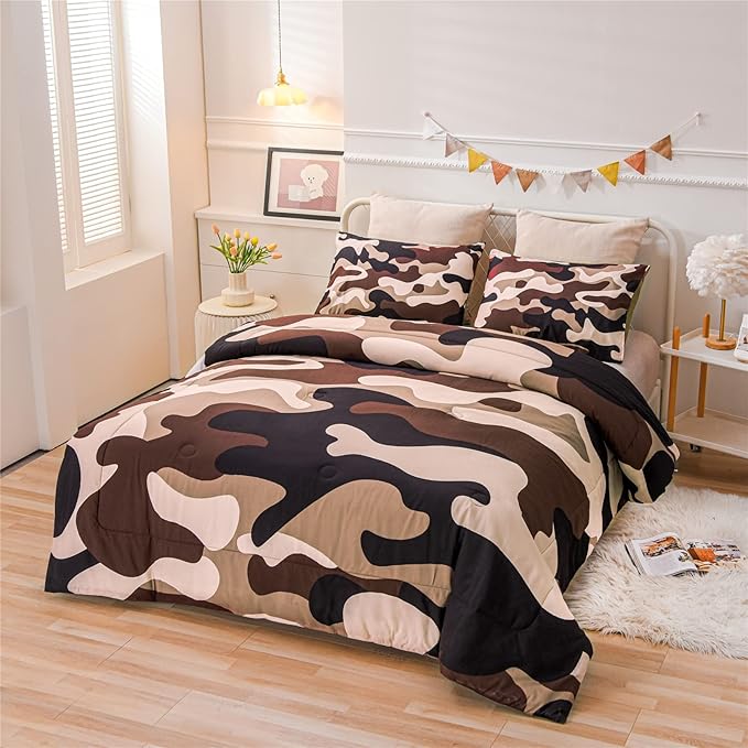 Meeting Story Camouflage Bedding Set, Colorful Pattern Style Queen Comforter Set, 3 PCS One Comforter and Two Pillowcases in One Bag, All Season Bedspread for Kids Teens Adults (Coffee, Full)