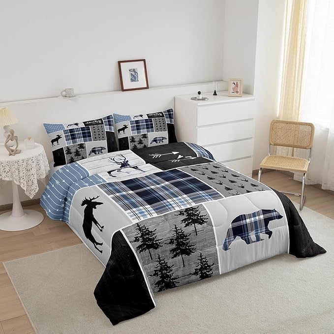 Rustic Adventure Kids Comforter Set Queen Size,Deer Bear Pine Trees Xmas Bedding Set for Boys Girls Adults Room Decor,Plaids Arrows Wooden Patchwork Down Comforter,Blue Duvet Insert,2 Pillowcases