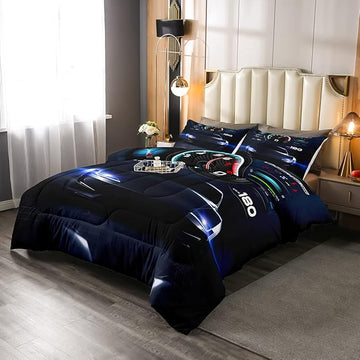 Erosebridal Teens Race Car Comforter Set Full Size, Kids Cool Speed Racing Car Quilt Set, Extreme Sport Bedding Set for Boys Youth Adult Bedroom, Black Automobile Quilted Duvet for Bedroom