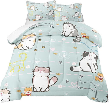 Cat Comforter for Girls Kids Teen, Cartoon Cat Bedding Set Full Size, Cute Animal Pattern Blue Comforter Set Soft Breathable Microfiber Quilt for All Season 3Pcs with Pillowcases