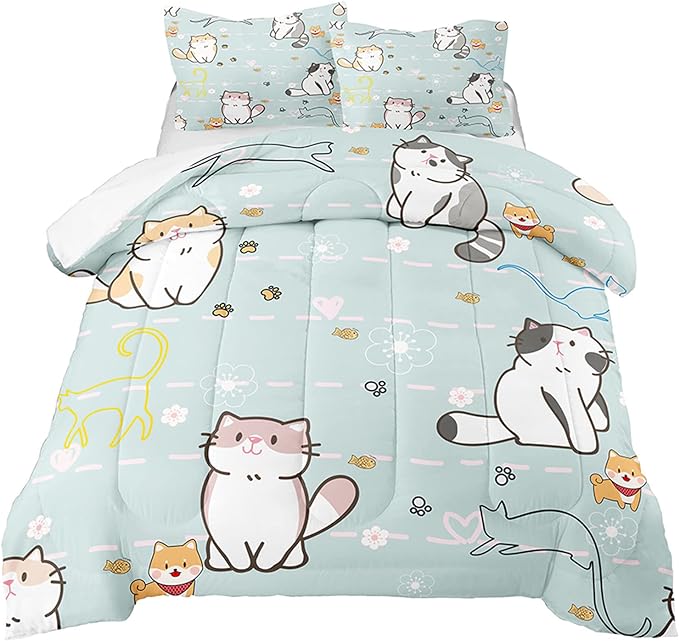 Cat Comforter for Girls Kids Teen, Cartoon Cat Bedding Set Full Size, Cute Animal Pattern Blue Comforter Set Soft Breathable Microfiber Quilt for All Season 3Pcs with Pillowcases