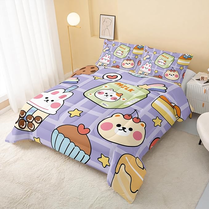 Kawaii Bear Comforter Set for Kids Teens Girls Women,Purple Bear Kids Comforter,1 Comforter with 2 Pillowcase, Microfiber 3 Piece Bedding Set,for All Seasons(Purple，Queen Size)