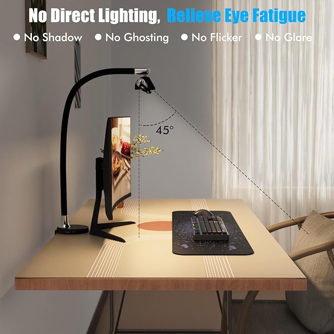 Megainvo LED Desk Lamp with Clamp, 24W Desk Light w/Timer & USB Charging for Home Office, Eye-Care Desk Lamps 5 Color Modes Stepless Dimming Adjustable Table Light for Monitor Work Study Reading