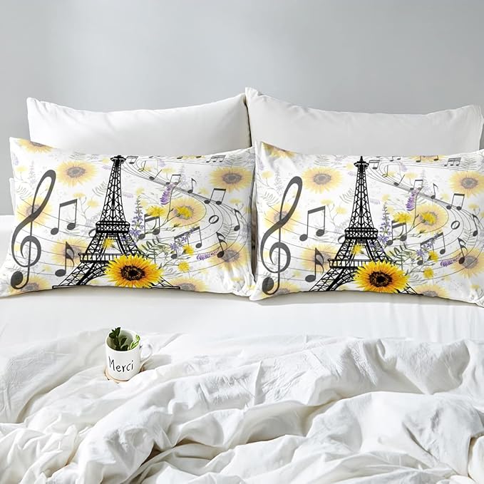 Feelyou Eiffel Tower Kids Comforter Set Cute Sunflower Bed Sheet Set for Boys Children Teens Bedroom Decor Paris Tower Bedding Set Set Floral Music Themed Bed Cover Twin Size with 1 Pillow Case