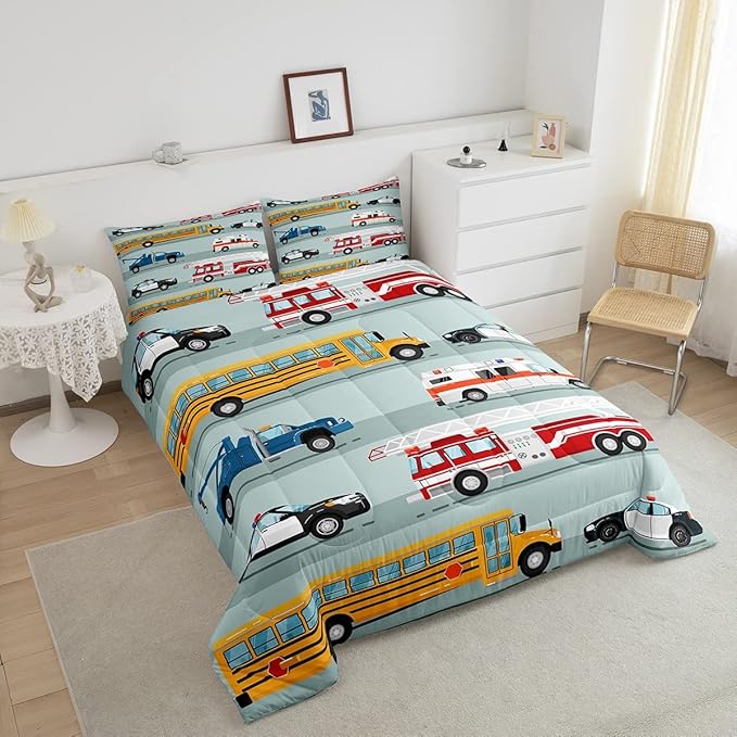 Erosebridal Fire Truck Comforter Set,Police Car Down Comforter King Size,School Bus Bedding Set for Kids Boys Teens Youth,Equipped Truck Cartoon Vehicle Quilt Duvet Insert Bedroom Dorm Decor 3 Pcs