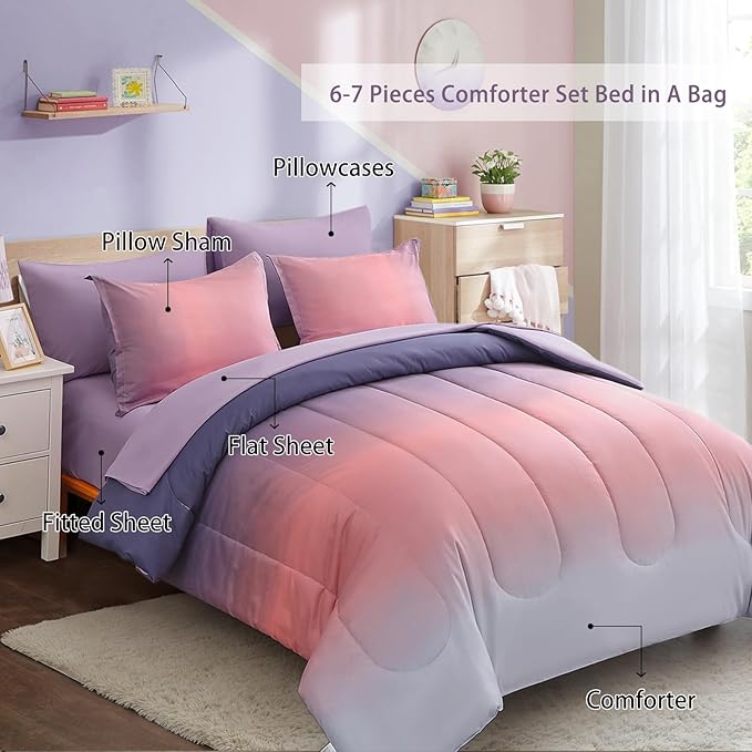 Dinjoy Girls Comforter Set Twin Size Colorful Rainbow Ombre Pink Purple Light Blue Bedding Set Gradient 6 Pieces Bed in A Bag for Kids Teen Women(1 Comforter, 1 Flat Sheet, 1 Fitted Sheet)