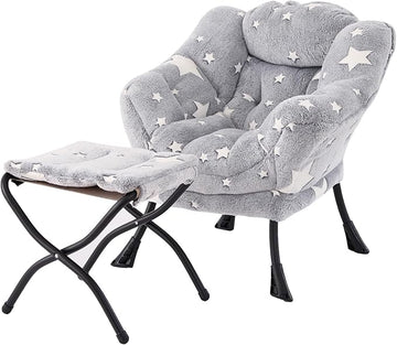 Welnow Toddler Kids Lazy Chair with Ottoman, Glow in The Dark Accent Comfy Lounge Children Armchair Couch with Removable Cover, Detachable Reading Chair with Footrest for Boy or Girl, Grey Star
