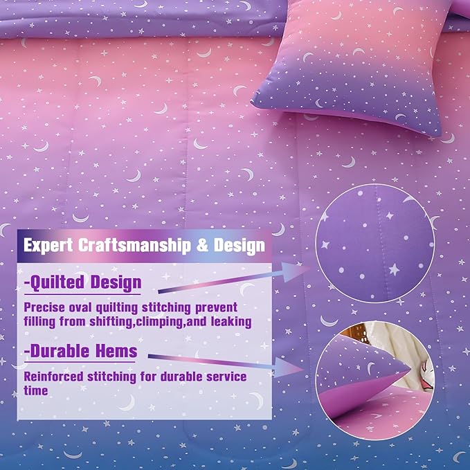 JQinHome Full Girls Comforter Set,6 Piece Bed in A Bag 3D Purple Orange Glitter Bedding Set -All Season Microfiber Rainbow Bedding Sets for Girls Women