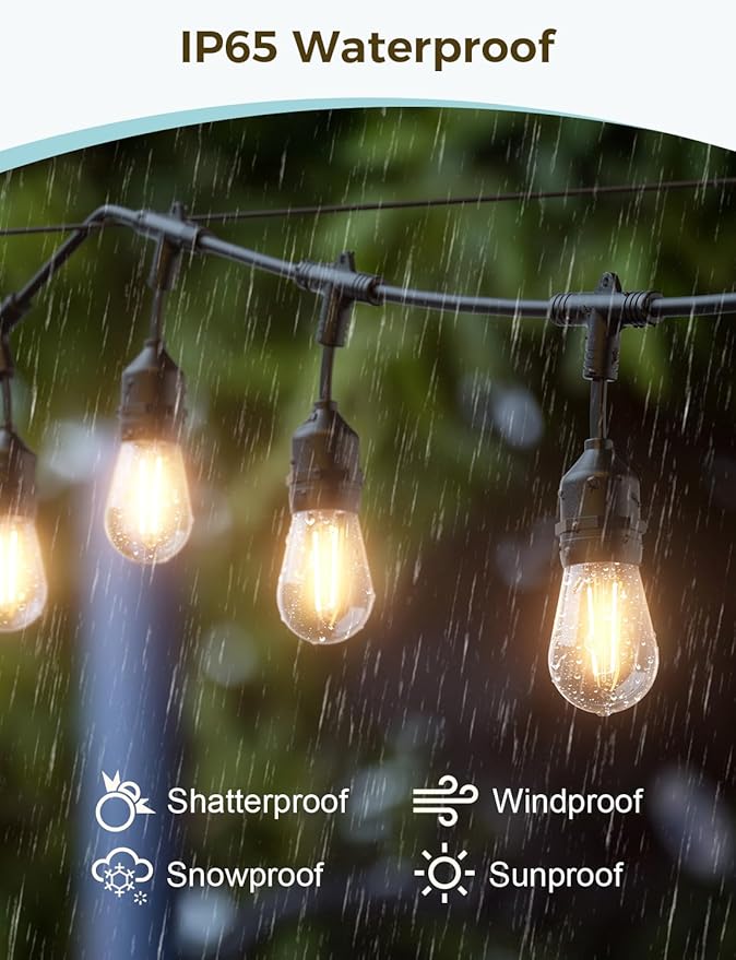 XMCOSY+ Outdoor String Lights, Smart Patio Lights 49Ft, APP WiFi Control, Work with Alexa, Waterproof Dimmable Edison Outdoor Lights for Patio Outside