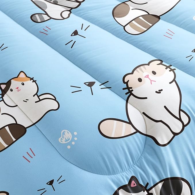 Datura home Blue Kawaii Cat Comforter Bedding Set for Girls Lovely Kitten Print Cute Animal Pattern with 1 and 2 Pillowcases Bedroom All Season(Cat Full), Full 80x90inches