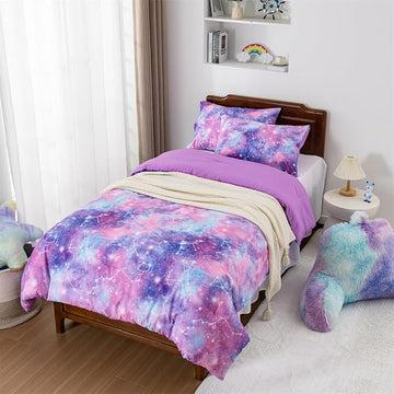 Holawakaka Tie Dye Galaxy Constellation Print Ombre Comforter Set Twin/Twin XL Size Girls Gradient Space Stars Dorm Bedding Set (Purple,Twin)