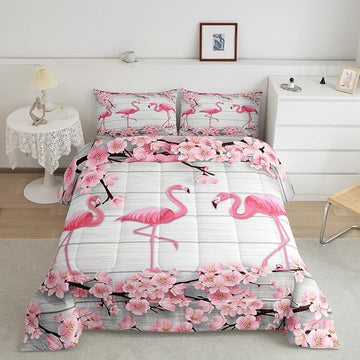 Erosebridal Flamingo Bedding Set Twin,Cherry Blossoms Comforter Set for Girls Teens Women,Pink Tropical Bird Animal Comforter Flower Rustic Wooden Board Quilt Duvet Sets with 1 Pillow Case