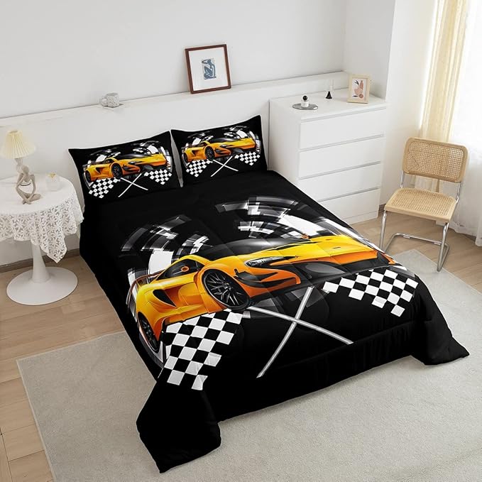 Yellow Race Car Comforter Set Full Size, Black and White Grid Quilt Set Extreme Sport Games Bedding Comforters 3pcs for Kids Teens Boys Room Decor,Soft Modern Duvet Set with 2 Pillowcases