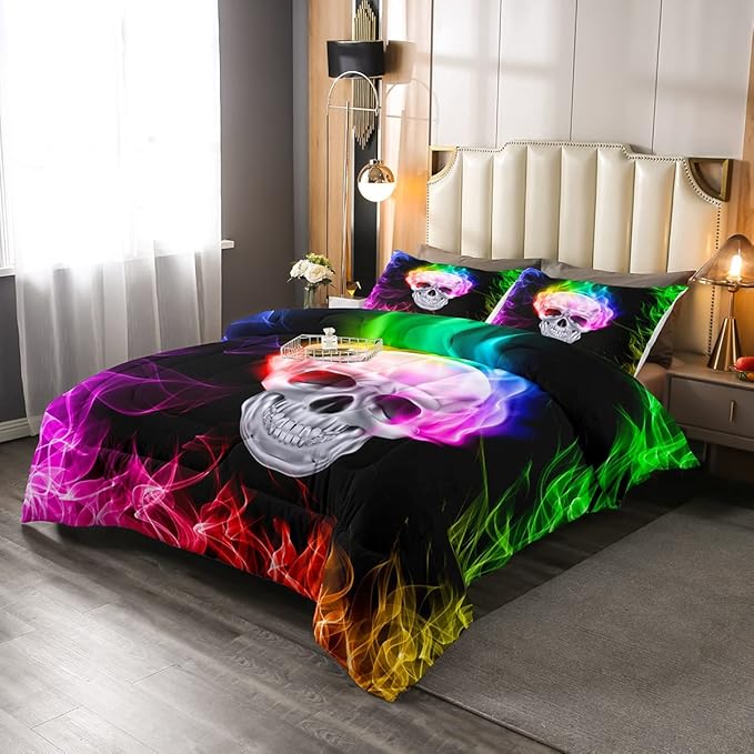 Erosebridal Skull Comforter Set, Skeleton Bones Bedding Set Full Size Halloween Horror Gold Flame Duvet Sets for Kids Teens Adult Bedroom Decor, Gothic Spooky Bedding Comforters, Warmth Soft