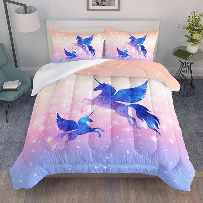 Datura home Bedding Comforter Set Starry Sky Unicorn Printed Pattern Quilt with 1 and 2 Pillowcases for Girls Bedroom All Season(Purple Twin) Twin 68x86inches