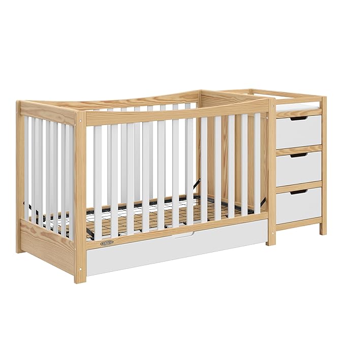Graco Remi 4-In-1 Convertible Crib & Changer With Drawer (White & Natural) – GREENGUARD Gold Certified, Crib And Changing-Table Combo, Includes Changing Pad, Converts To Toddler Bed, Full-Size Bed