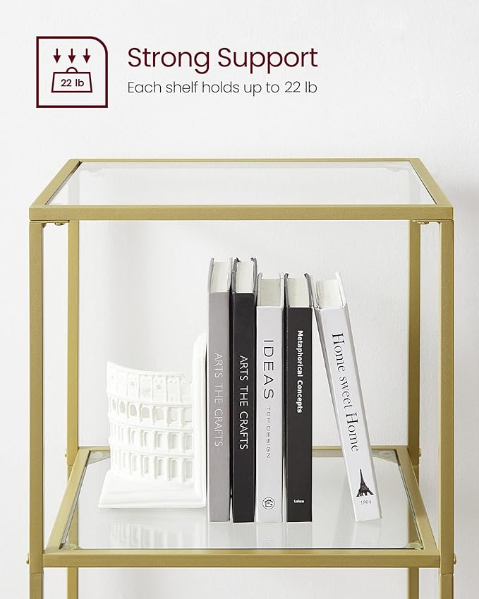 VASAGLE Bookcase, 6-Tier Bookshelf, Slim Shelving Unit for Bedroom, Bathroom, Home Office, Tempered Glass, Steel Frame, Metallic Gold ULGT500A01