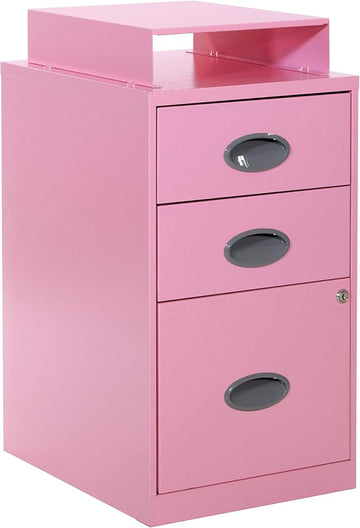 OSP Home Furnishings 3 Drawer Locking Metal File Cabinet with Top Shelf, Pink