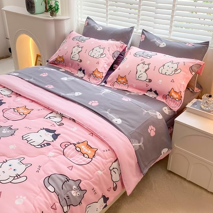7 Piece Girls Cat Comforter Set Queen Size Bed in A Bag Pink Cute Cartoon Pet Cats Bedding Set for Kids Boys Teens (1 Comforter, 1 Flat Sheet, 1 Fitted Sheet, 4 Pillow Sham) Gray