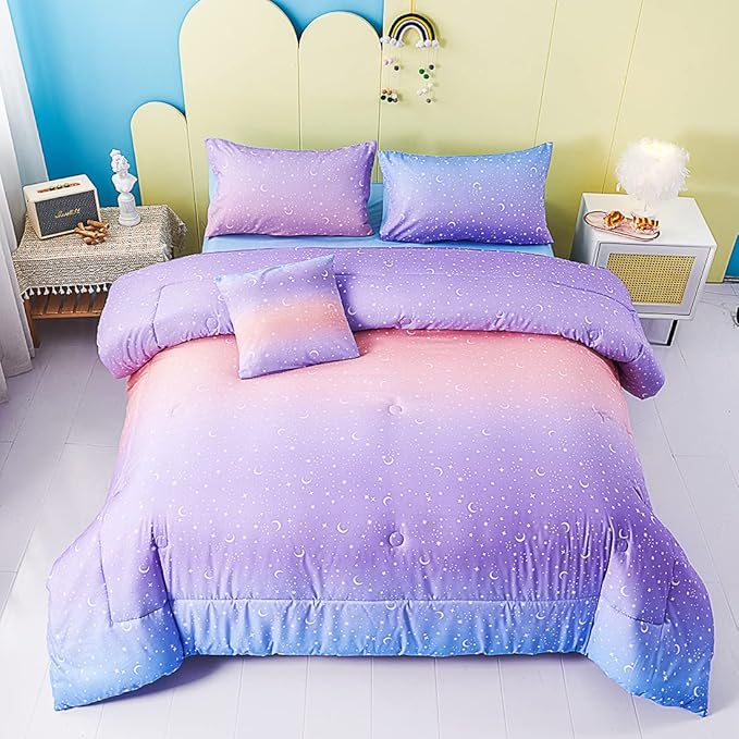 URBONUR Girls Comforter Set Queen 6PCS Gradient Purple Orange Glitter Moon Star Printed Bed in a Bag Soft Breathable Bedding Set for All Season (Star, Queen Size)
