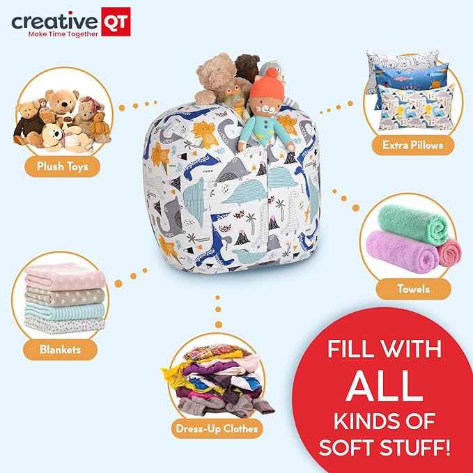 Creative QT Stuff ’n Sit Large 33’’ Bean Bag Storage Cover for Stuffed Animals & Toys – Gray & White Stripe – Toddler & Kids’ Rooms Organizer – Beanbag Makes Great Plush Toy Hammock Alternative