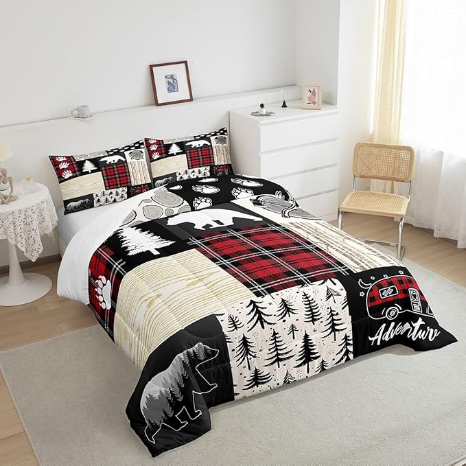 Bear Comforter Set Full Size,Pine Trees Animals Hunting Bedding Set for Kids Boys Girls Adults Room Decor,Camping Adventure Rustic Farmhouse Down Comforter,Red Plaids Duvet Insert,2 Pillowcases