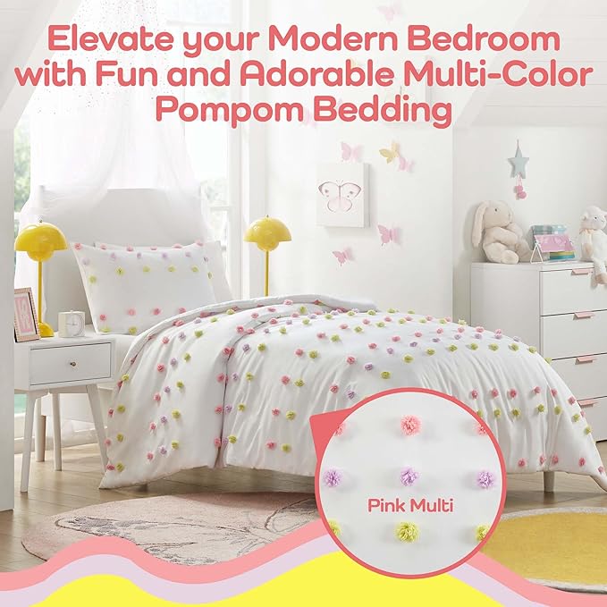 Mi Zone Kids Twin Duvet Cover Set, Fun and Adorable Multi-Color Clipped Jacquard Pompom Bedding, All Seasons Soft Microfiber Cozy & Breathable Duvet Cover, Sham, Cora, Twin Pink Multi 2 Piece
