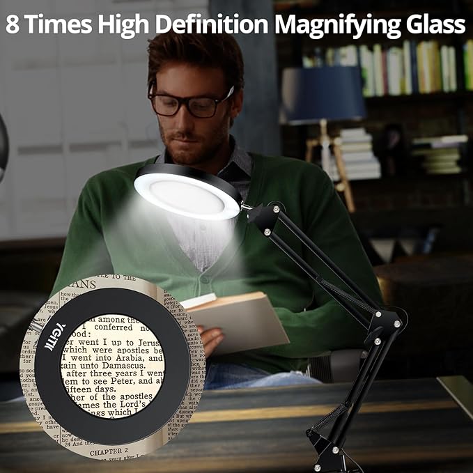 8X Lighted Magnifying Glass Lamp, Adjustable Magnifying Glass with Light Clamp Swivel Arm LED 3 Color Modes,10 Brightness Levels, Hands Free Magnifier for Hobby Close Work, Repair, Reading
